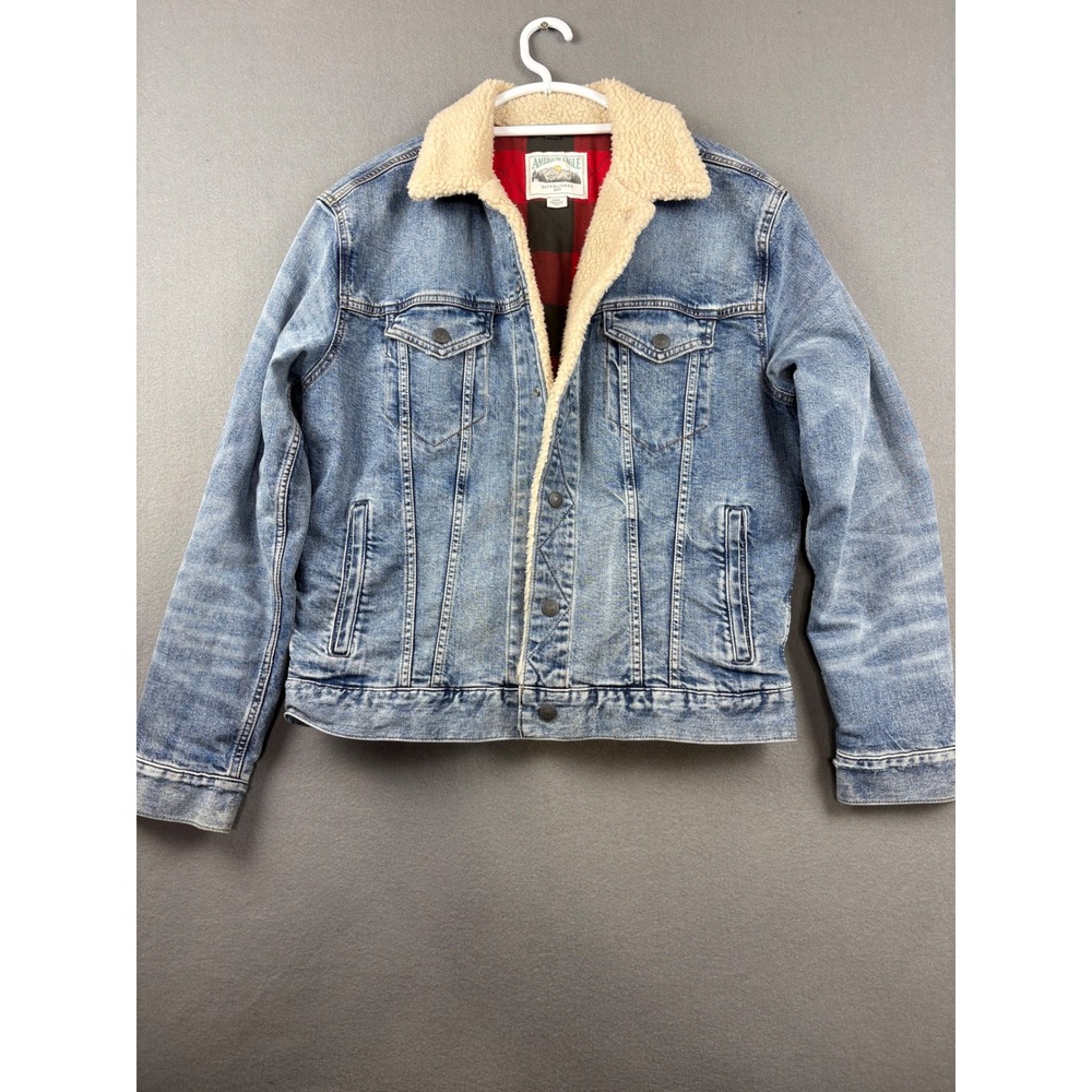 American Eagle Mens Denim Trucker Jacket Faux Shearling Plaid Lined Blue Medium